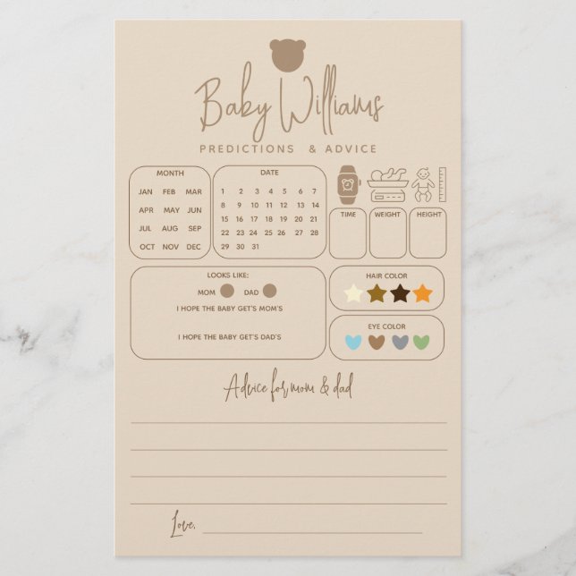 Minimalist Baby Shower Predictions & Advice Game (Front)