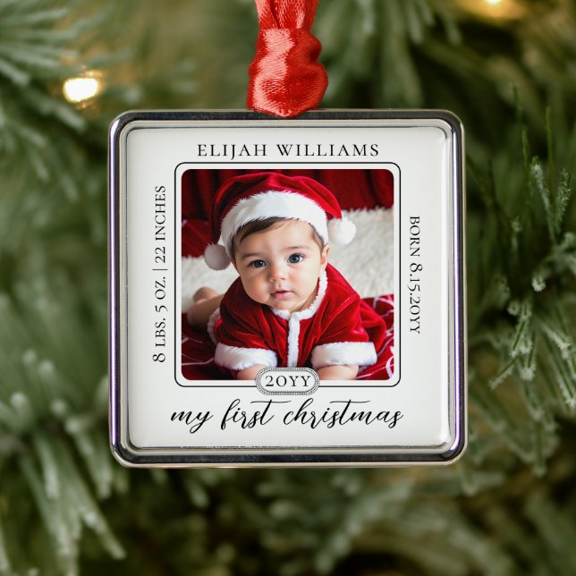 Minimalist Babys First Christmas Birth Stats Photo Metal Ornament (Tree)