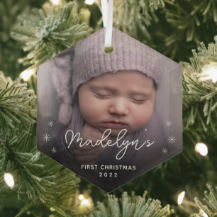 Minimalist Baby's First Christmas Photo Glass Ornament