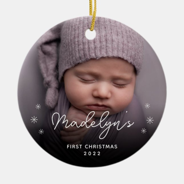Minimalist Baby's First Christmas Photo  Glass Ornament (Front)