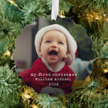 Minimalist Babys First Christmas Photo Ornament Card<br><div class="desc">This paper ornament features scalloped edges and a simple typewriter text.  Add your favourite photo to create a christmas keepsake to celebrate babys first christmas.  This is a 2 sided ornament with the photo and text printed on both sides.  #babysfirstchristmas #myfirstchristmas</div>