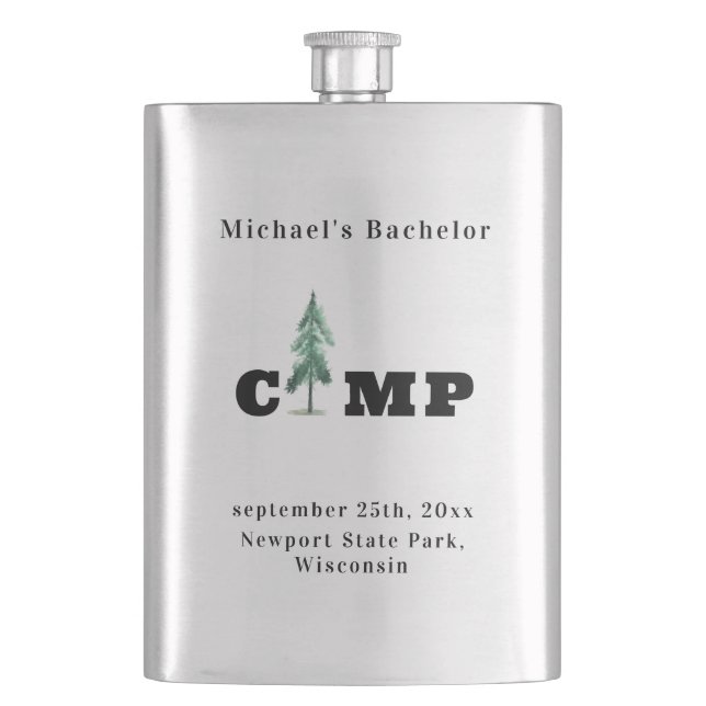 Minimalist Bachelor Camp Pine Tree Modern Monogram Hip Flask (Front)