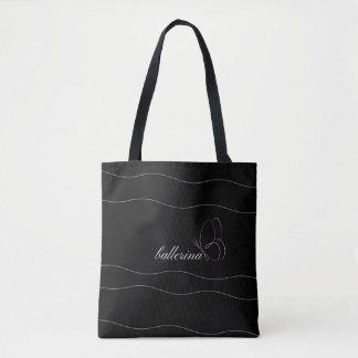 Minimalist Ballerina & Pink Butterfly Black Tote Bag