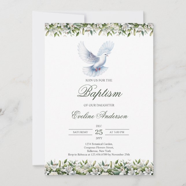 Minimalist Baptism invitation with white dove (Front)
