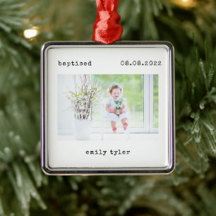 Minimalist Baptism Photo Keepsake Metal Ornament