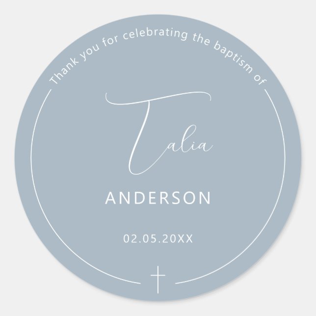 Minimalist Baptism Simple Cross Blue Classic Round Sticker (Front)