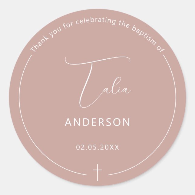 Minimalist Baptism Simple Cross Pink Classic Round Sticker (Front)