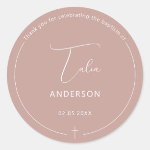 Minimalist Baptism Simple Cross Pink Classic Round Sticker