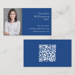 Minimalist Basic Cobalt Blue Professional Photo QR Business Card