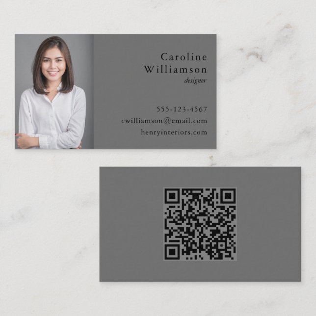 Minimalist Basic Dark Grey Professional Photo QR Business Card (Front/Back)