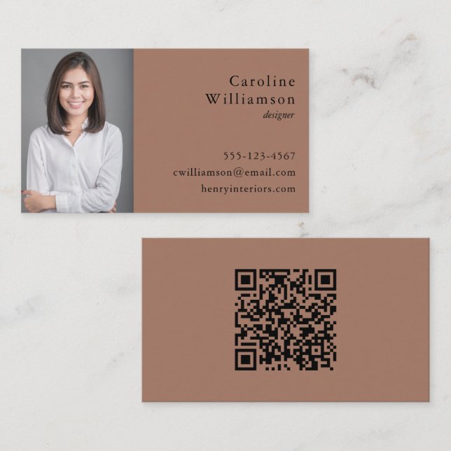 Minimalist Basic Mocha Brown Professional Photo QR Business Card (Front/Back)