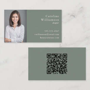 Minimalist Basic Sage Green Professional Photo QR Business Card