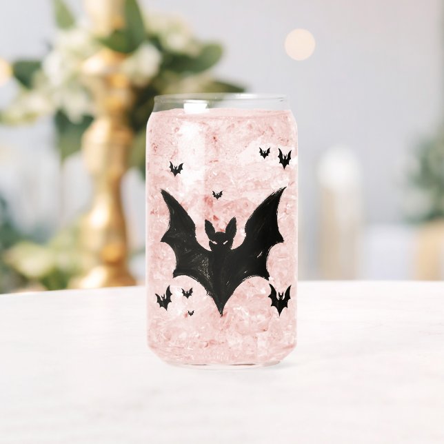 Minimalist Bat – Ink Brush Halloween Creature on Can Glass (Insitu (Wedding))