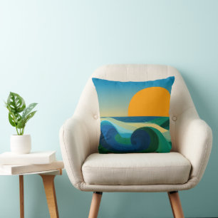 Minimalist Bauhaus Ocean Wave Sunset Throw Pillow