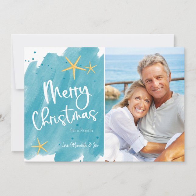 Minimalist Beach Watercolor Merry Christmas Card (Front)