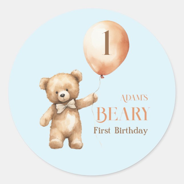 Minimalist Bear Blue Boy Beary 1st Birthday Classic Round Sticker (Front)