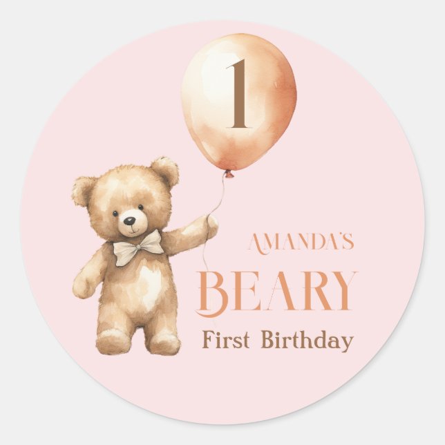 Minimalist Bear Pink Girl Beary 1st Birthday Classic Round Sticker (Front)
