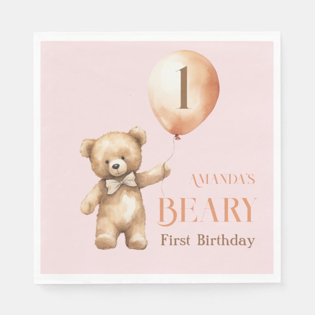 Minimalist Bear Pink Girl Beary 1st Birthday Napkin (Front)