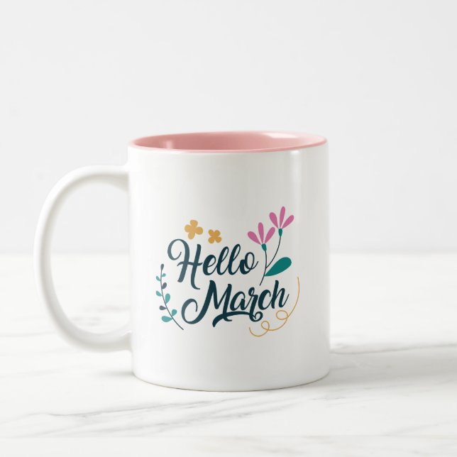 Minimalist Beauty Charming Hello March Soft Pink Two-Tone Coffee Mug (Left)