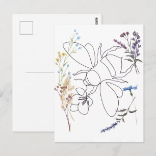 Minimalist Bee Line Art & Watercolor Wildflowers – Postcard