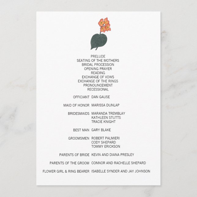 Minimalist Begonia Flower Wedding Program (Front)