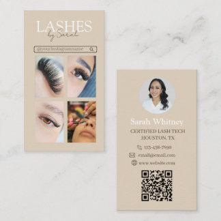 Minimalist Beige & Brown Lash Tech Photo Collage Business Card