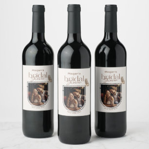 Minimalist Beige Butterfly Bridal Shower Photo Wine Label