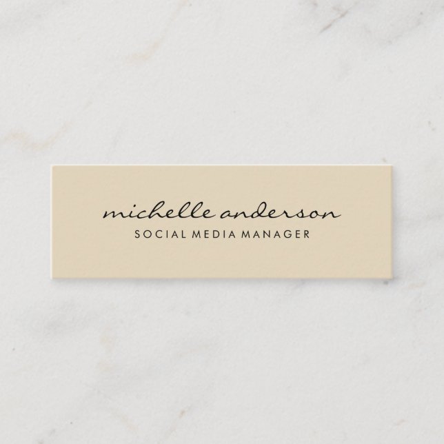 Minimalist Beige Cursive Text Mini Business Card (Front)