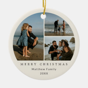 Minimalist Beige Family Photo Collage Christmas Ceramic Ornament