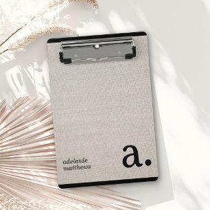 Minimalist Beige Faux Linen Look Monogram Name Mini Clipboard