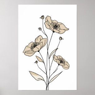Minimalist Beige Floral Line Art   Modern Botanica Poster
