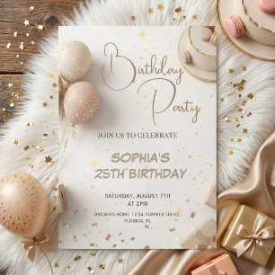 Minimalist Beige & Gold Birthday Party Design Invitation