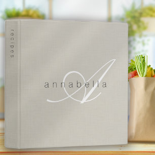 Minimalist Beige Linen Monogram Script Recipe Binder