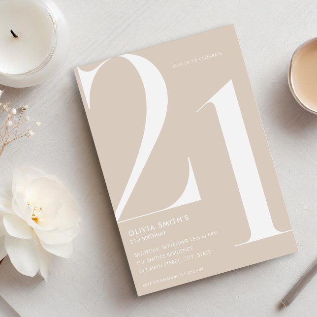 Minimalist Beige Modern Chic 21st Birthday Invitation (Creator Uploaded)