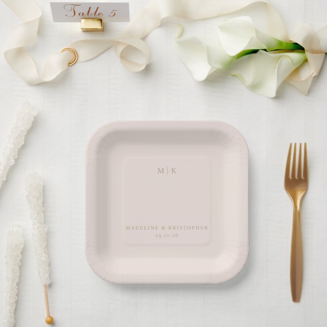 Minimalist Beige Monogram Paper Plate (Wedding)