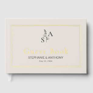 Minimalist Beige Monogram Wildflower Wedding Guest Book