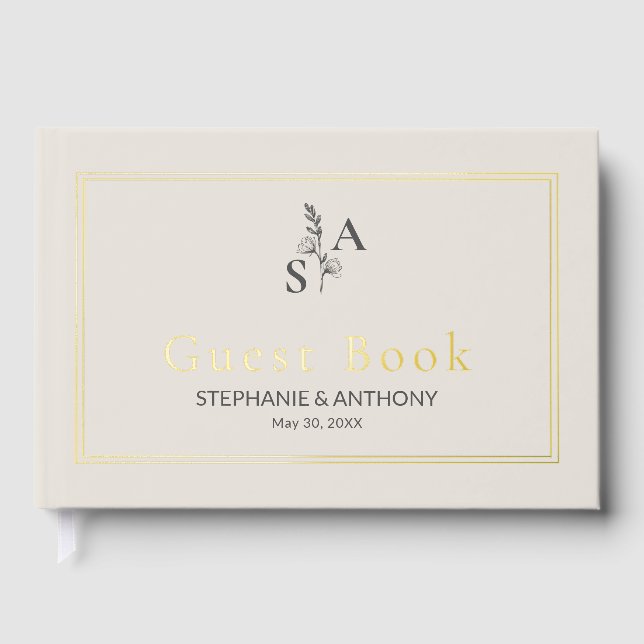 Minimalist Beige Monogram Wildflower Wedding Guest Book (Front)