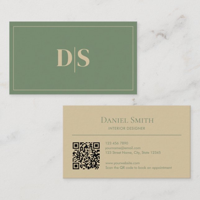 Minimalist Beige Muted Green Initials QR Code Business Card (Front/Back)