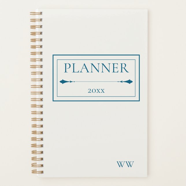 Minimalist Beige & Navy Blue Personalized Monogram Planner (Front)
