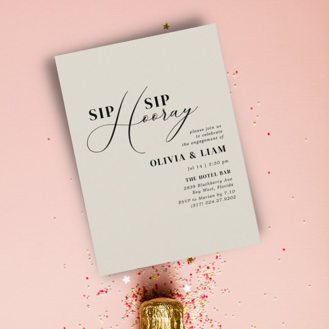 Minimalist Beige Sip Sip Hooray Engagement Party Invitation (Creator Uploaded)