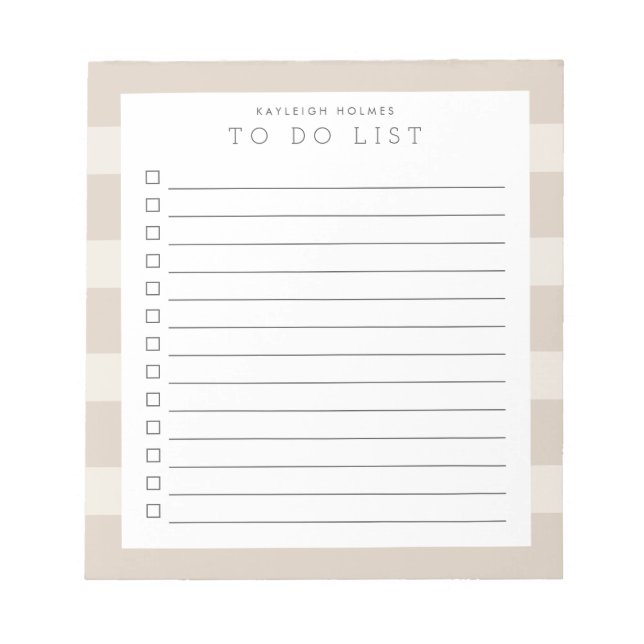 Minimalist Beige Stripe Custom To Do List Notepad (Front)