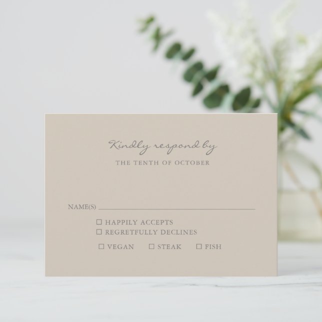 Minimalist Beige Taupe Script Meal Choice  RSVP Card (Standing Front)