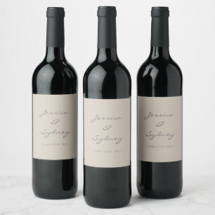 Minimalist Beige Taupe Script Wedding Custom Wine Label