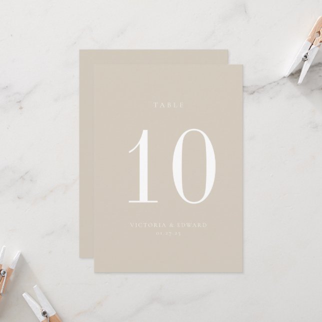 Minimalist Beige Wedding Table Number Card (Front/Back In Situ)