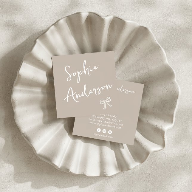 Minimalist Beige with Elegant Script & Bow      Square Business Card (Creator Uploaded)