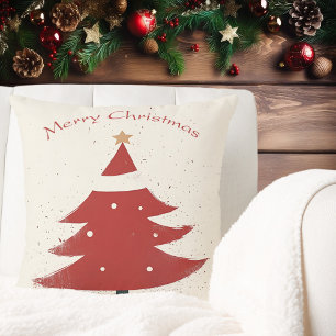 Minimalist Beige with Red Christmas Tree Graphic Throw Pillow