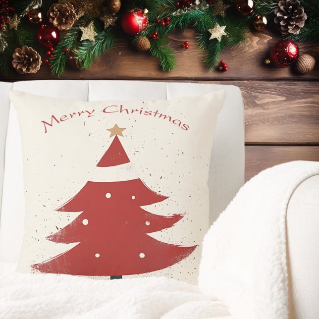 Minimalist Beige with Red Christmas Tree Graphic Throw Pillow (Creator Uploaded)