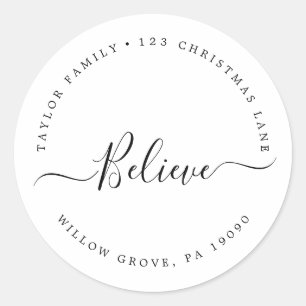 Minimalist Believe Holiday Circular Return Address Classic Round Sticker