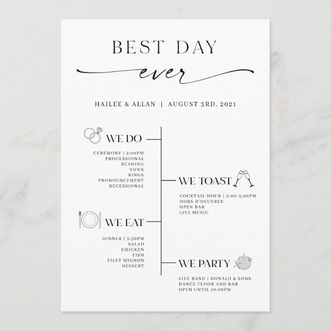 Minimalist Best Day Ever Wedding Timeline Program (Front)