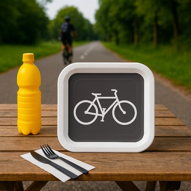 Minimalist Bicycle Black and White Bike Symbol Paper Plate (Creator Uploaded)